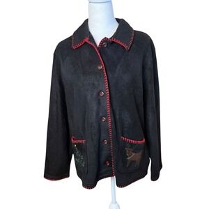 Marisa Christina Womens Black Fleece Holiday Jacket‎ Medium Appliqués Christmas